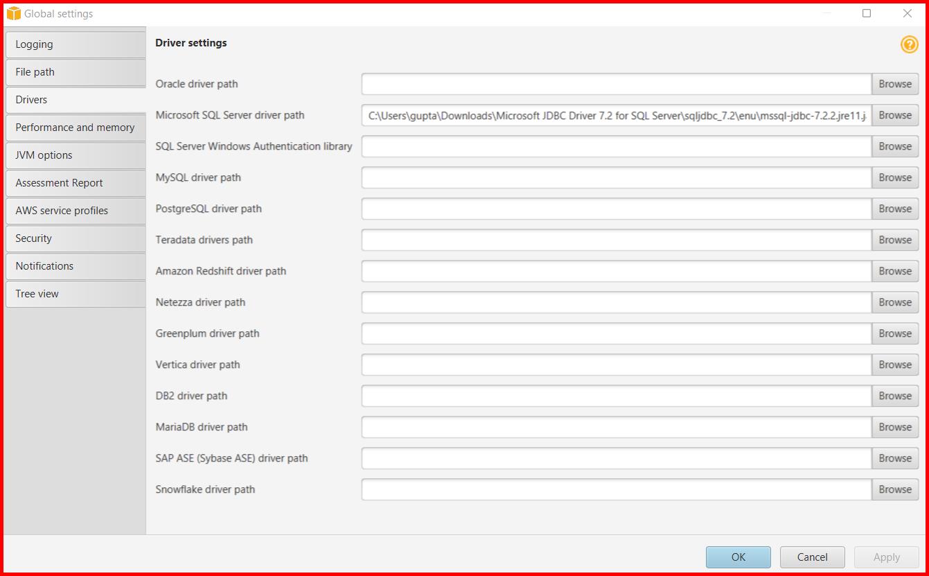 Picture showing the popup window to specify the JDBC drivers for MSSQL
